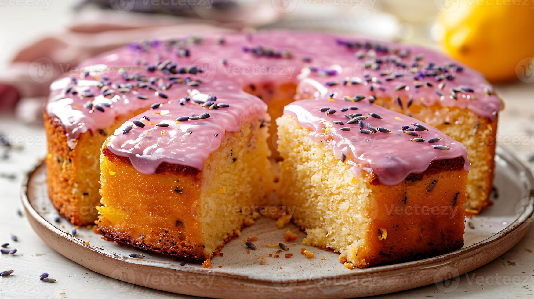 Light and airy lemon lavender cake with lavender glaze cut out on an isolated simple minimalist background photo