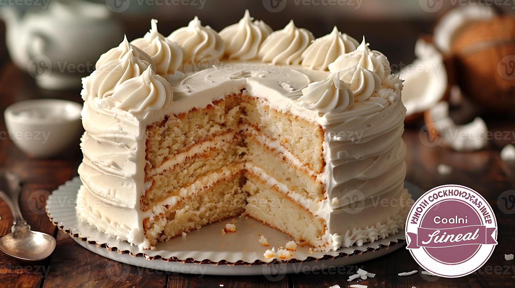 Light and fluffy coconut chiffon cake with coconut frosting cut out on an isolated simple minimalist background photo
