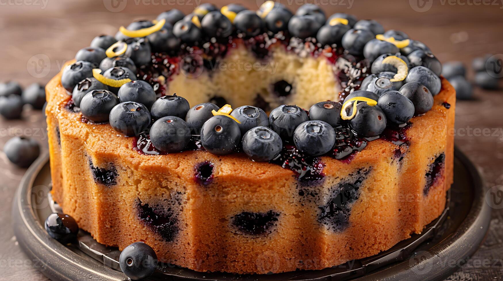 Moist blueberry cake with lemon glaze cut out on an isolated simple minimalist background photo