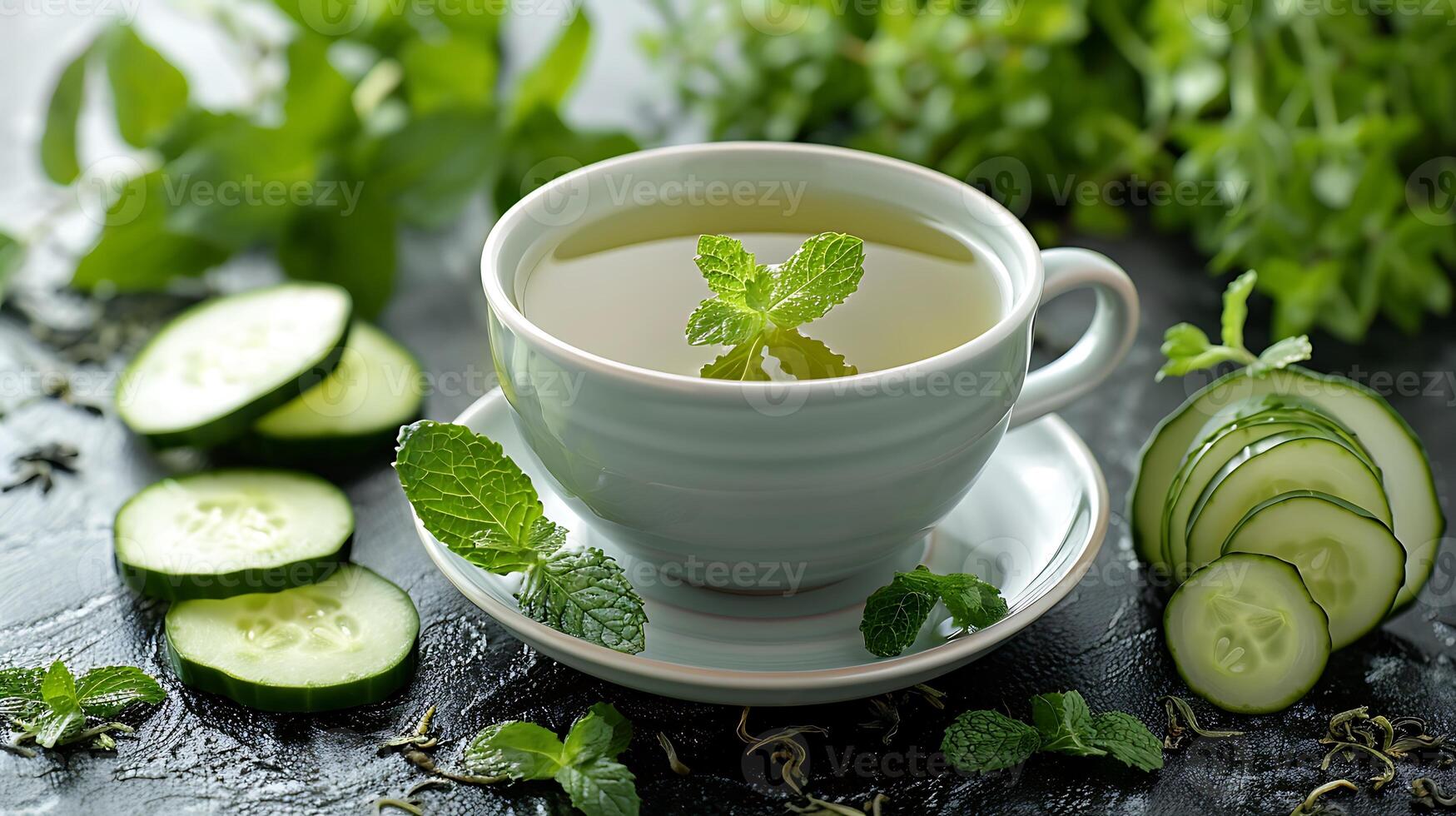 Refreshing cup of cucumber mint tea cut out on an isolated simple minimalist background photo