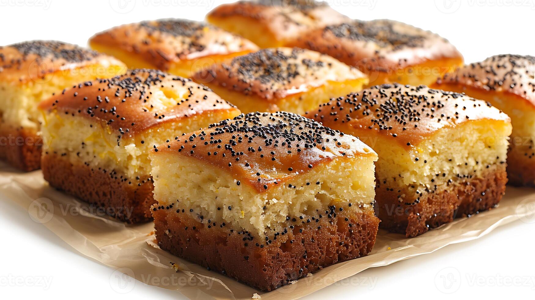 Refreshing lemon poppy seed cake cut out on an isolated simple minimalist background photo