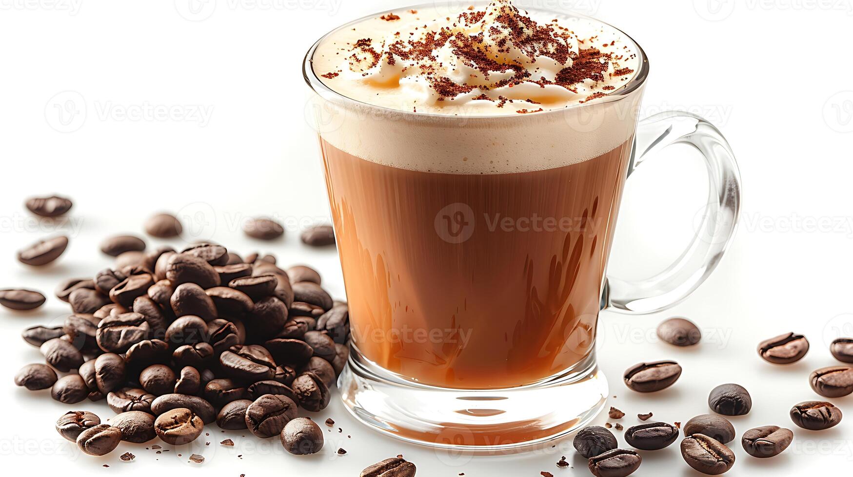 Rich and creamy Irish coffee with a side of coffee beans all cut out on an isolated simple minimalist background photo