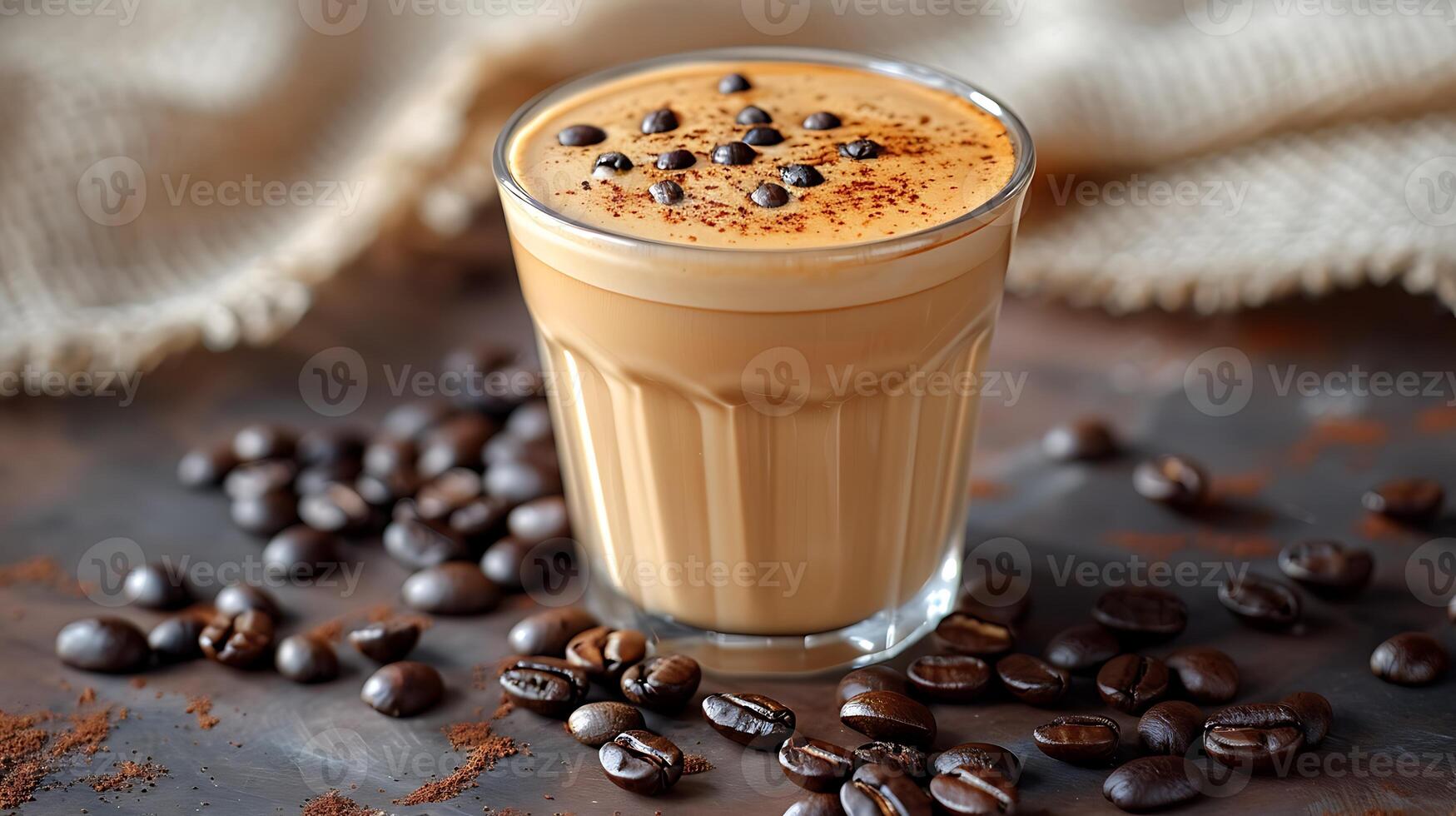Smooth and velvety cortado with scattered coffee beans all cut out on an isolated simple minimalist background photo