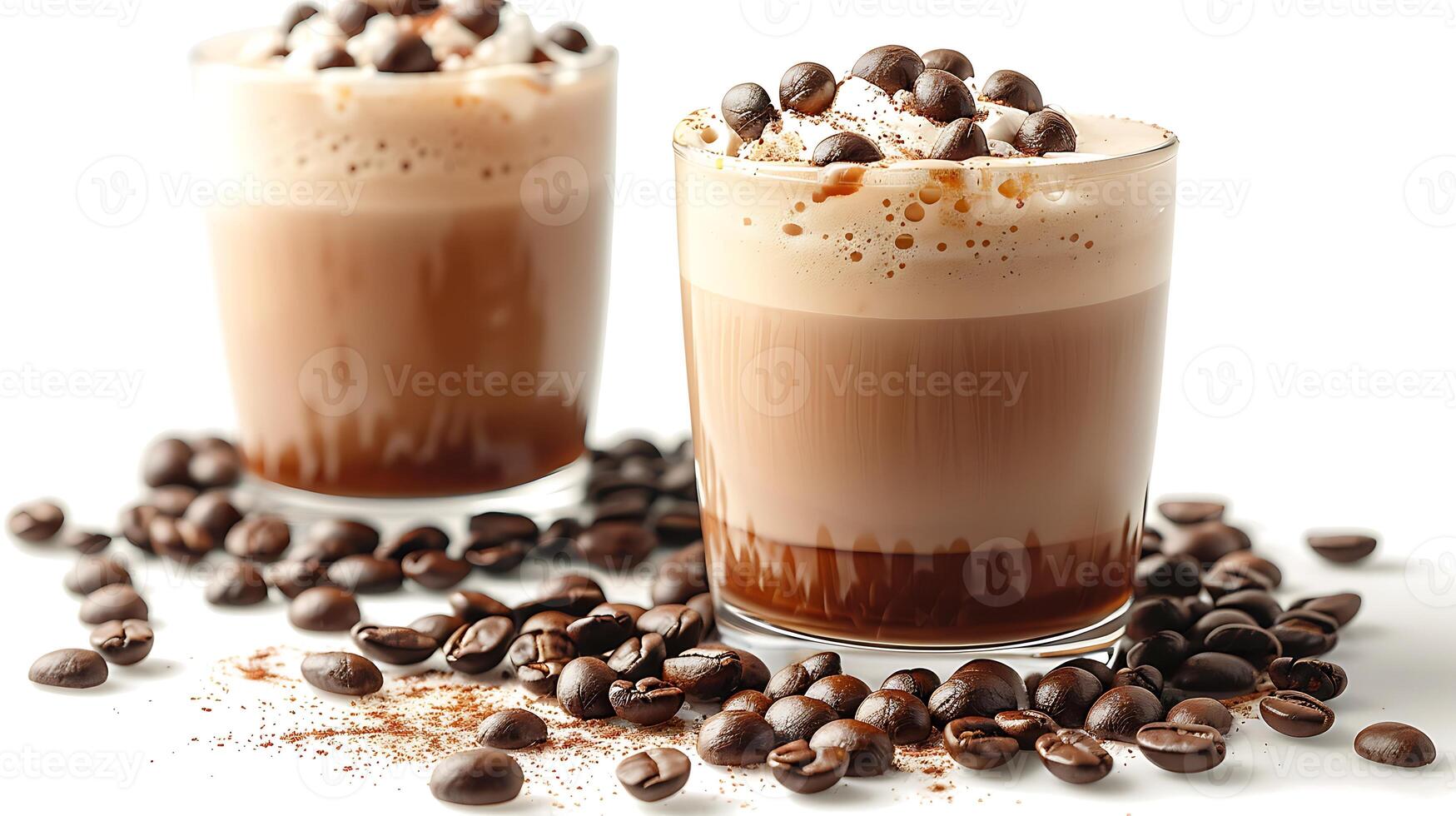 Smooth and creamy hazelnut latte with a handful of coffee beans all cut out on an isolated simple minimalist background photo