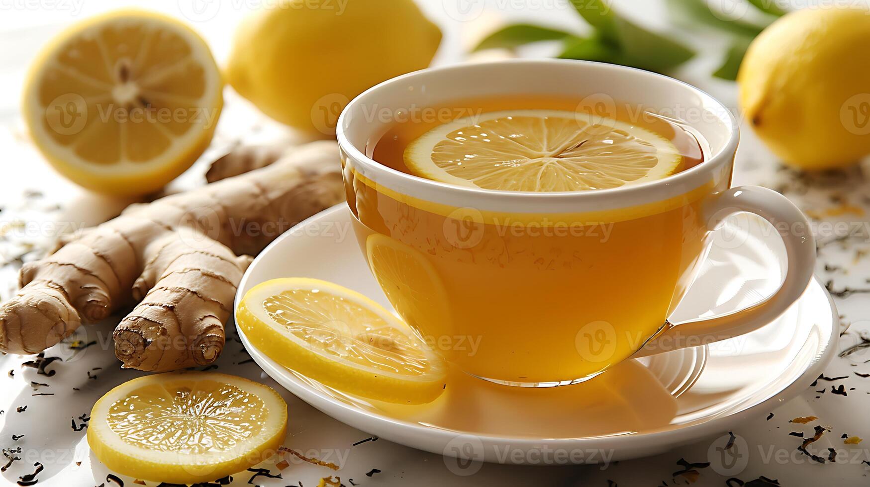 Soothing cup of ginger lemon tea cut out on an isolated simple minimalist background photo