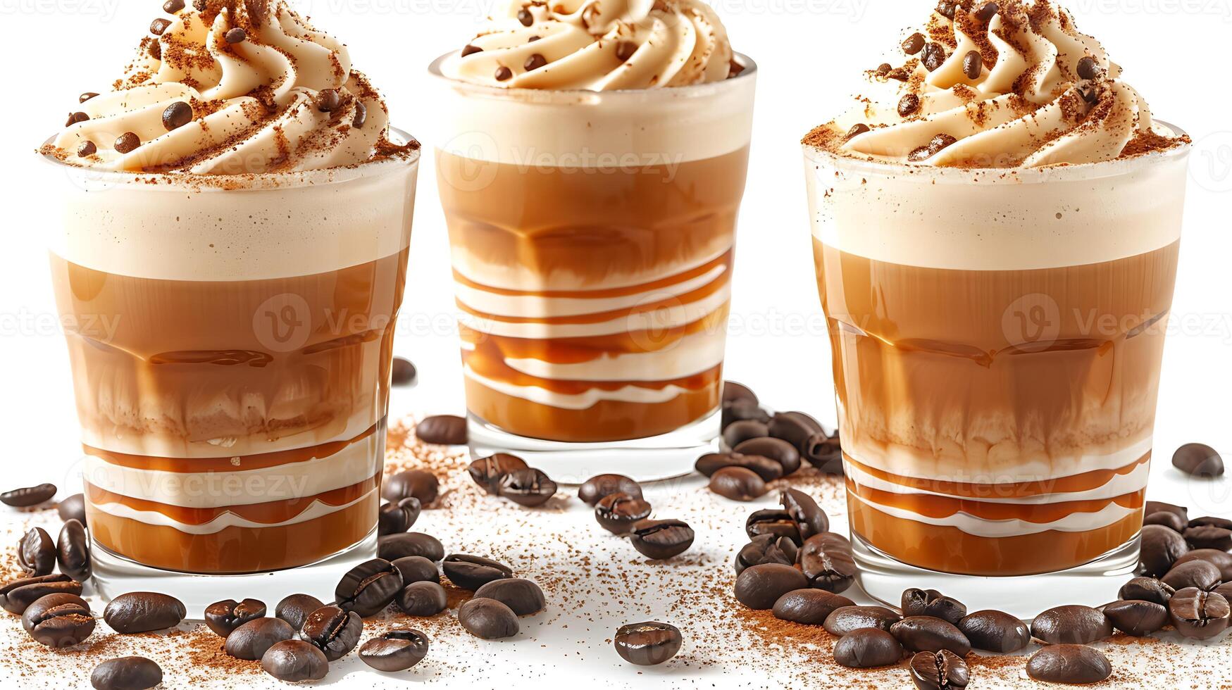 Sweet and creamy caramel macchiato with a sprinkling of coffee beans all cut out on an isolated simple minimalist background photo