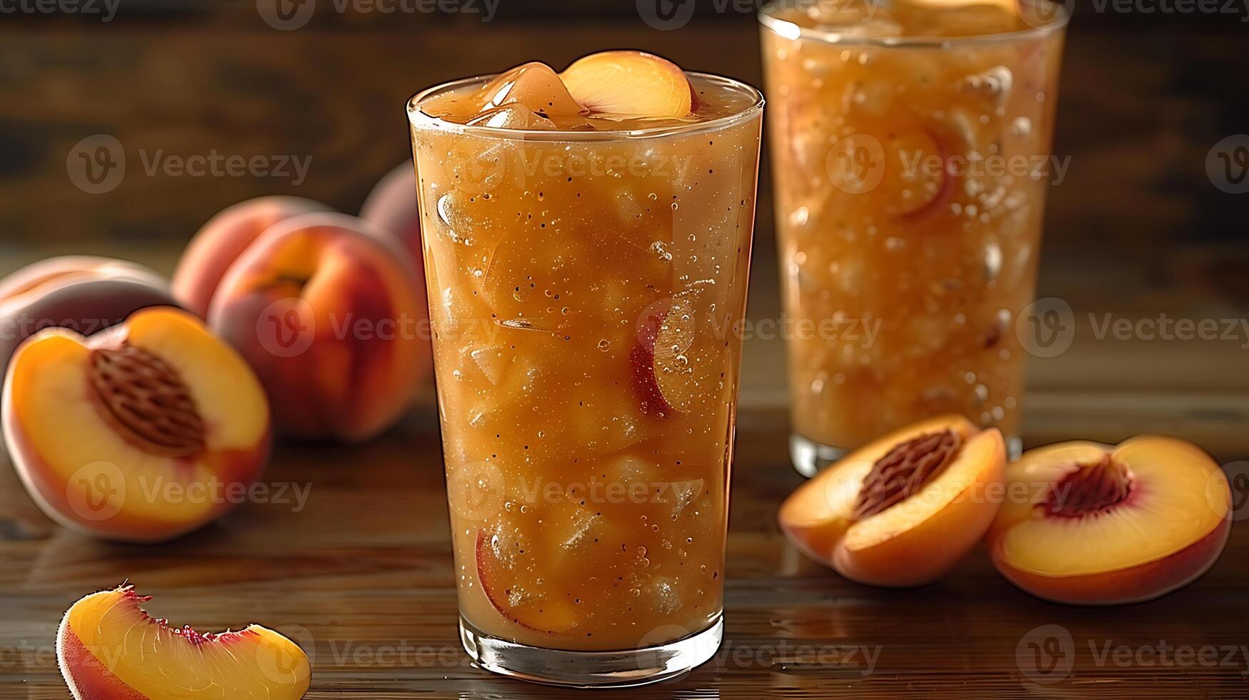 Tall glass of refreshing peach juice with peach slices cut out on an isolated simple minimalist background photo