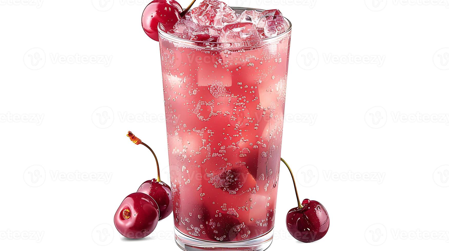 Tall glass of sweet cherry juice with a cherry garnish cut out on an isolated simple minimalist background photo