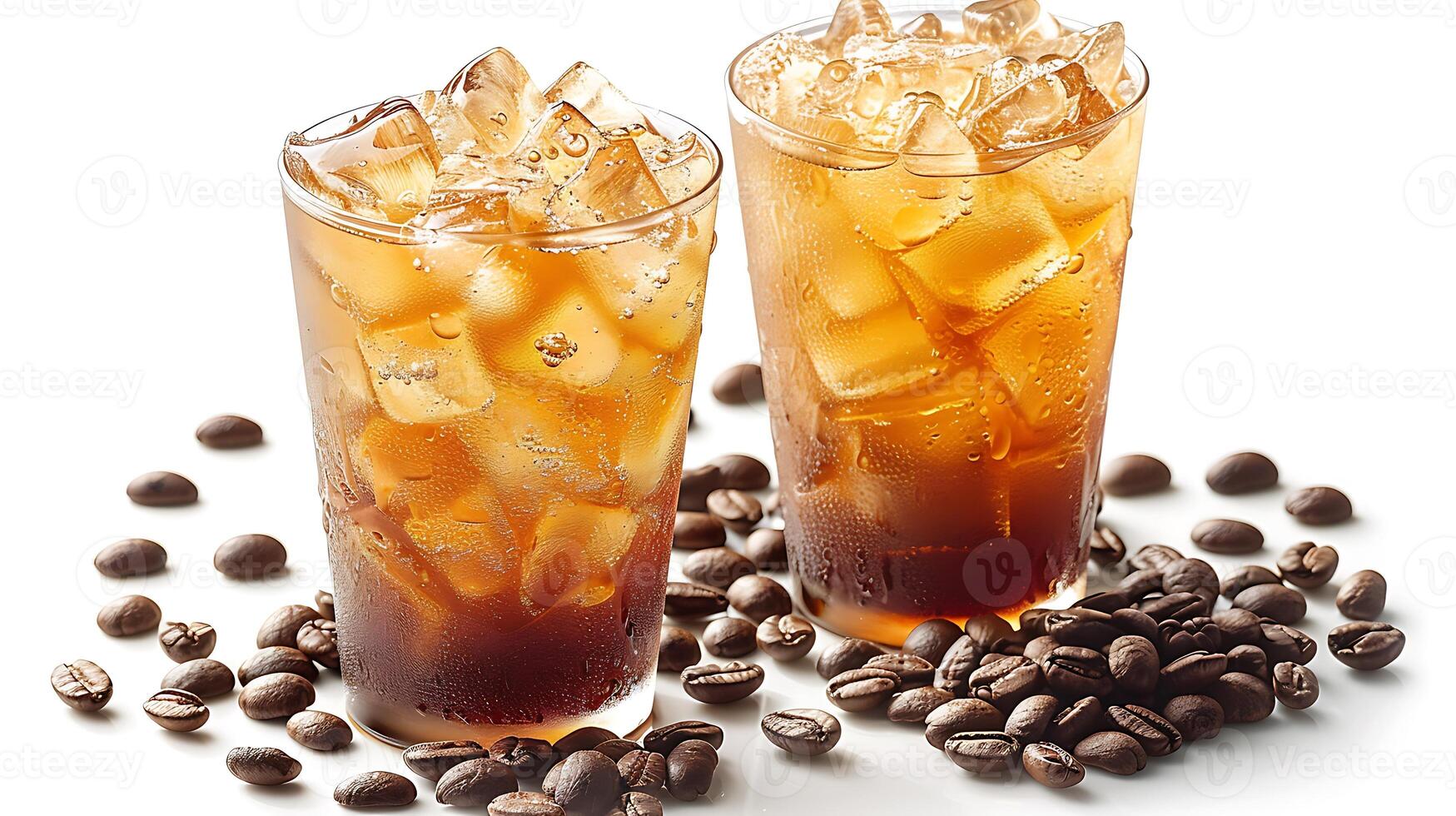 Vibrant and flavorful Vietnamese iced coffee with a handful of coffee beans all cut out on an isolated simple minimalist background photo