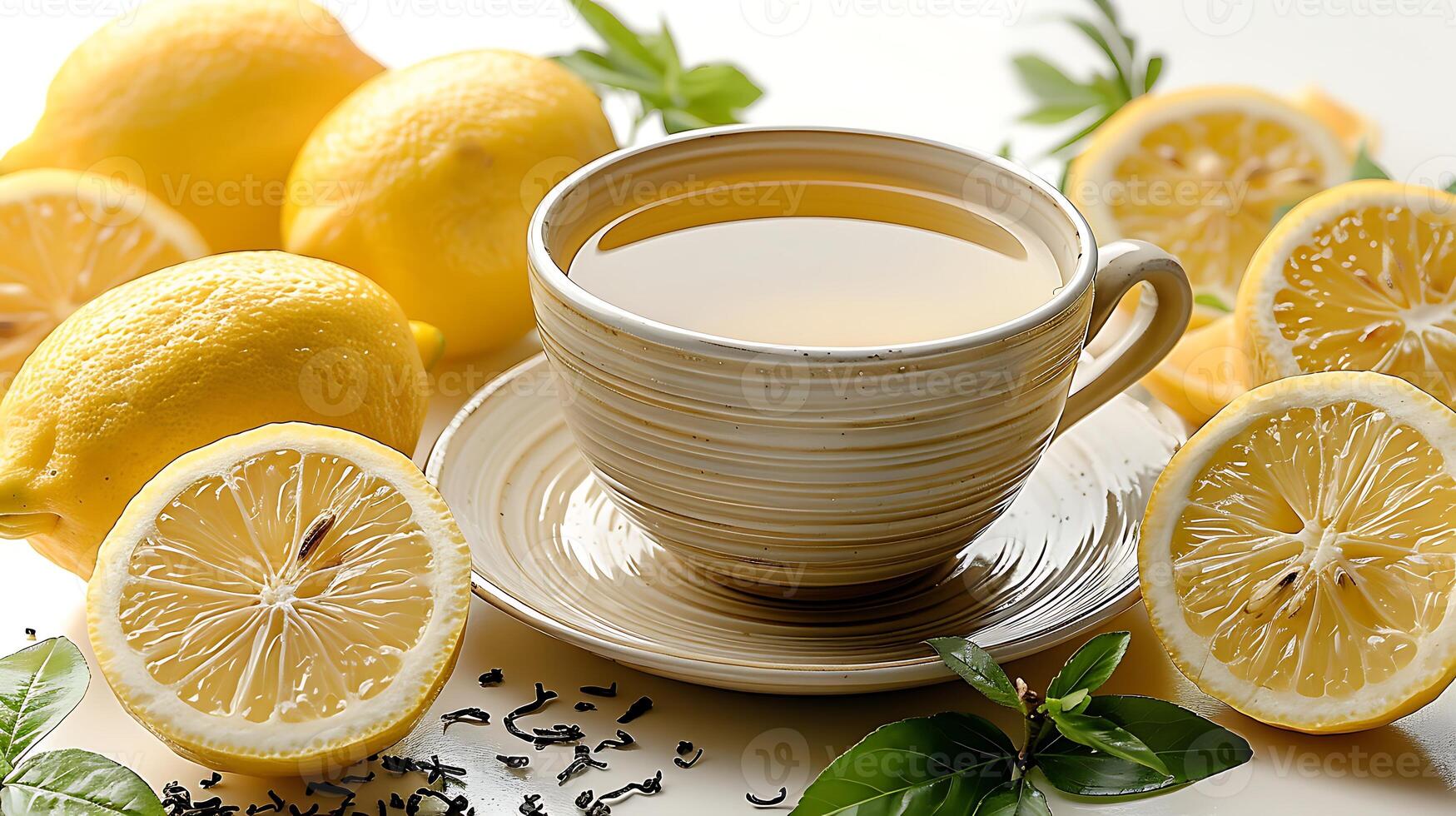 Zesty cup of lemon tea cut out on an isolated simple minimalist background photo