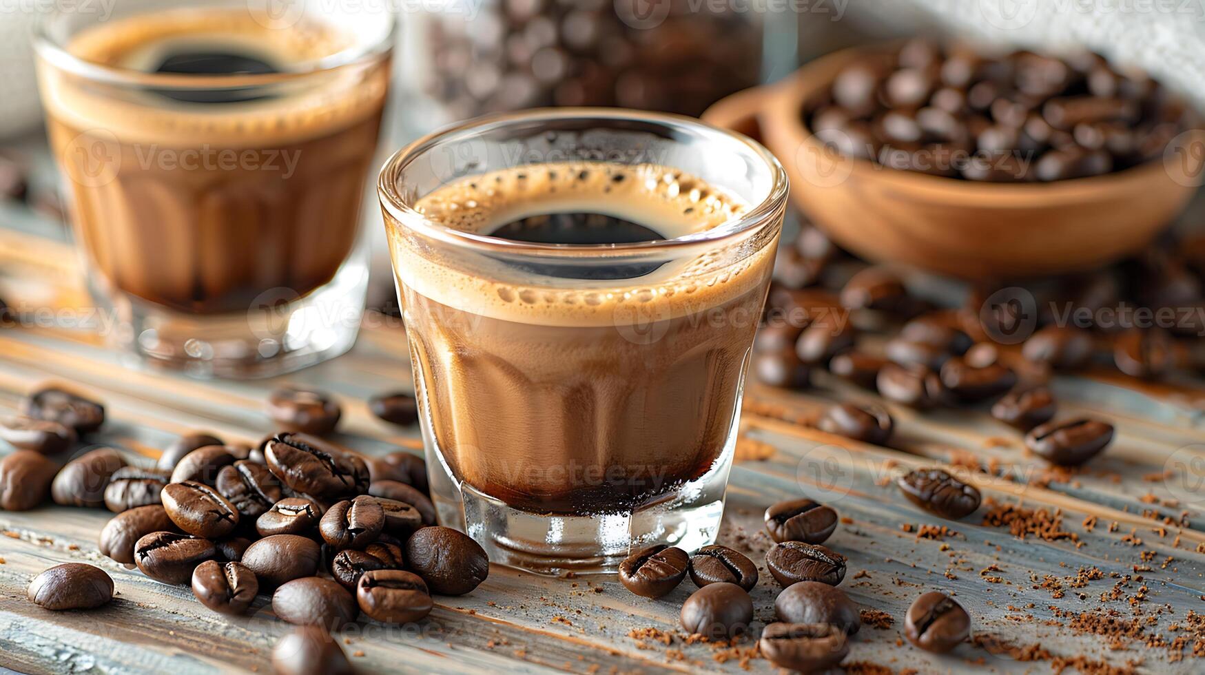 Double shot espresso with a side of coffee beans all cut out on an isolated simple minimalist background photo