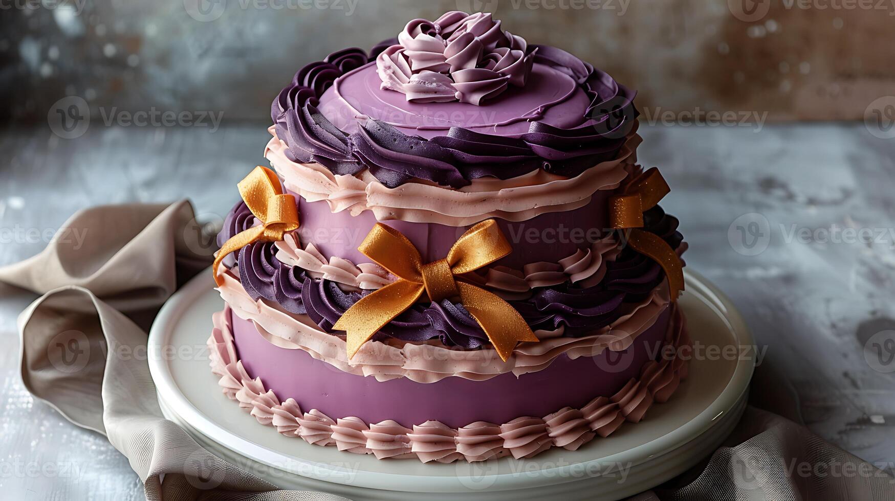 Festive tiered birthday cake with icing ribbons and bows cut out on an isolated simple minimalist background photo
