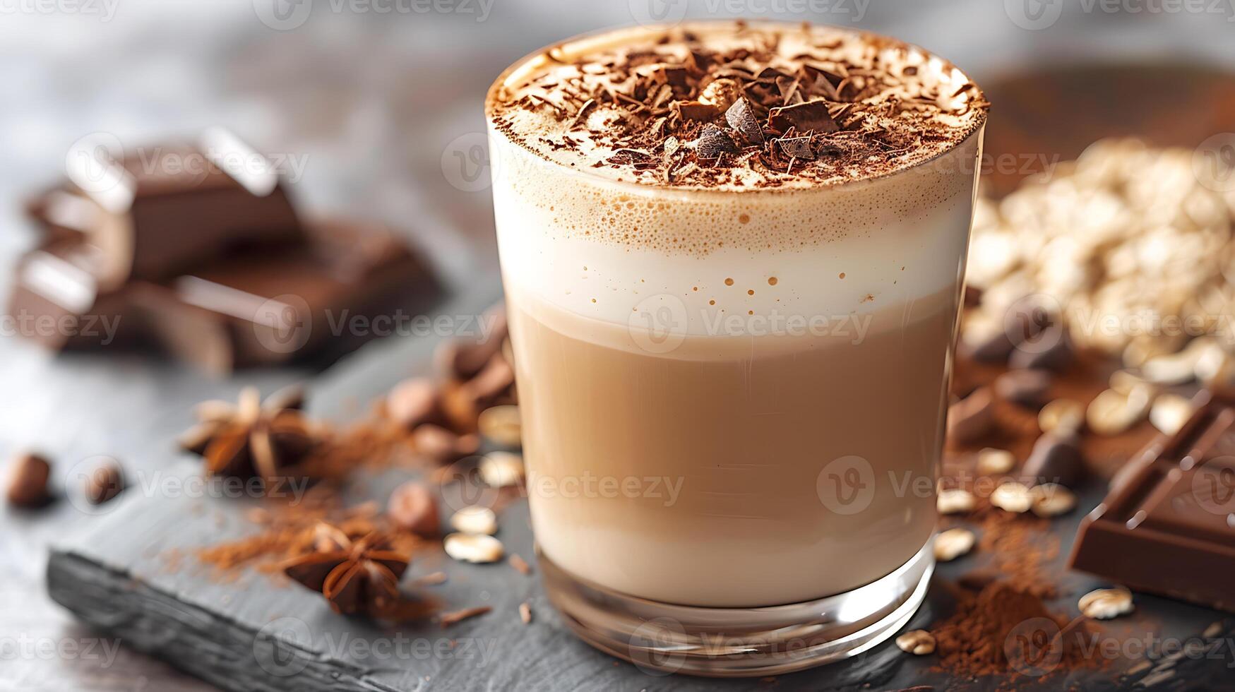 Frothy oat milk latte with a sprinkle of cocoa cut out on an isolated simple minimalist background photo