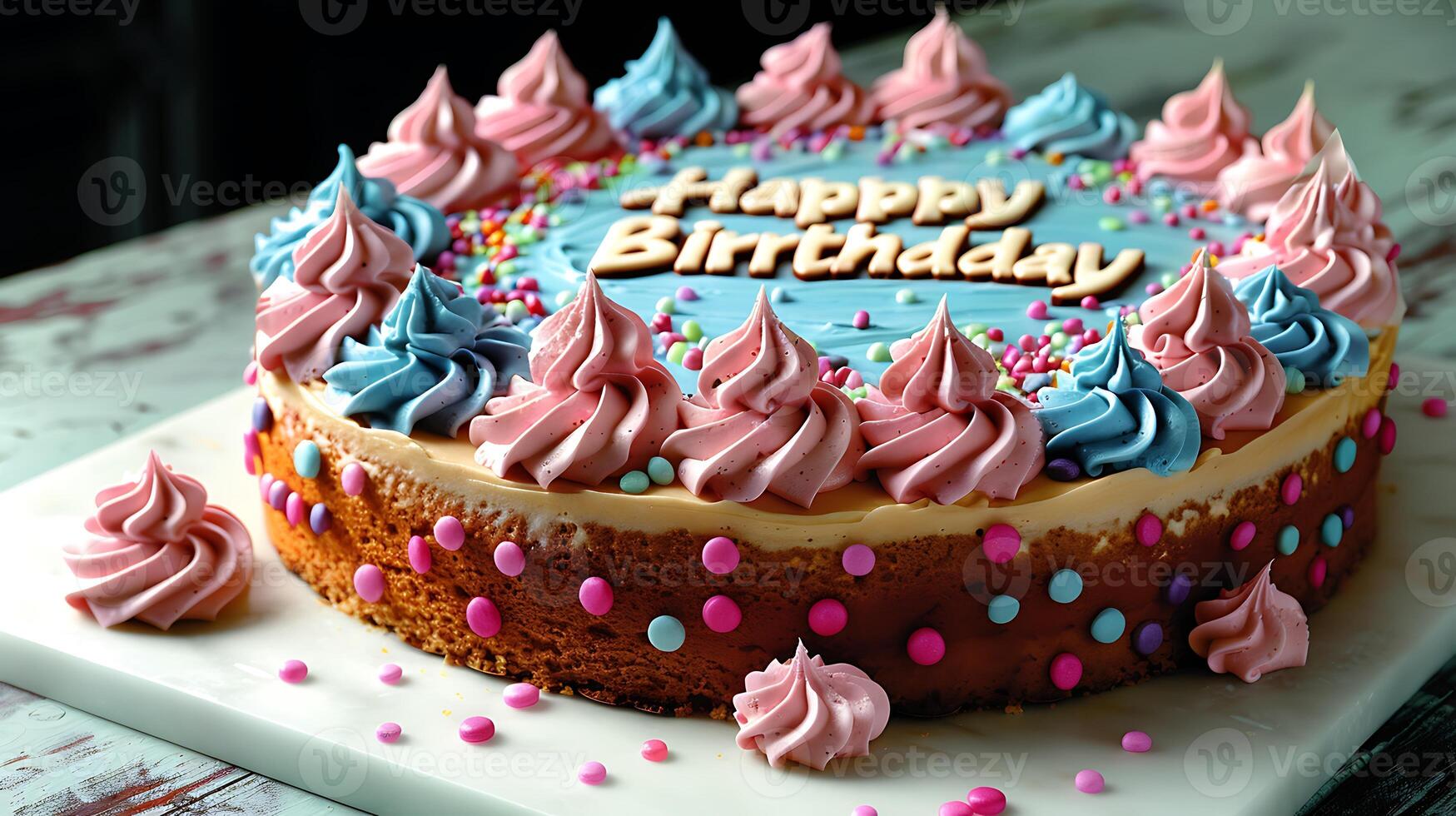 Joyful birthday cake with a Happy Birthday message cut out on an isolated simple minimalist background photo