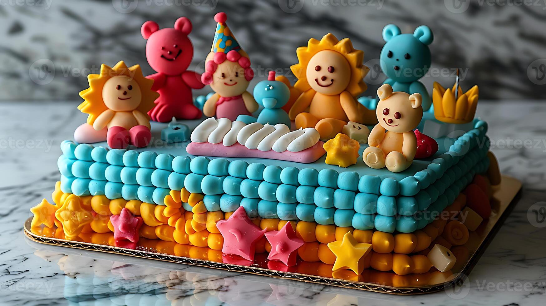 Fun birthday cake with fondant shapes and figures cut out on an isolated simple minimalist background photo