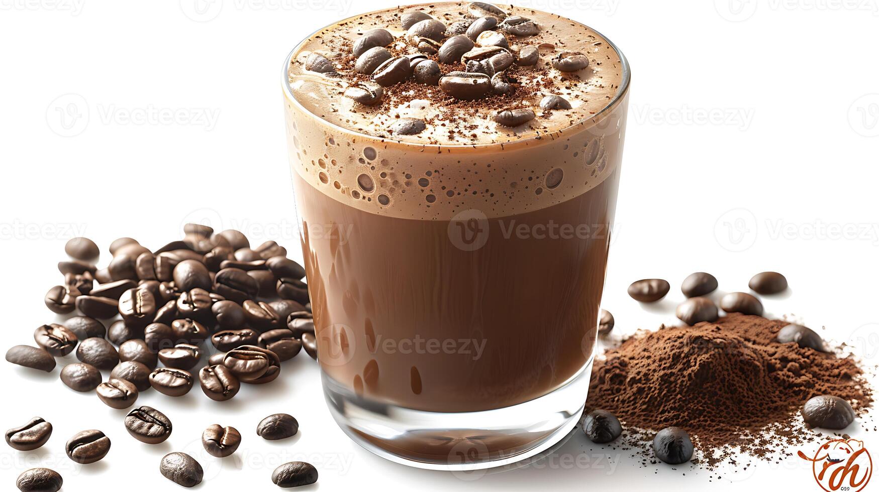 Rich and indulgent mocha with a sprinkling of coffee beans all cut out on an isolated simple minimalist background photo