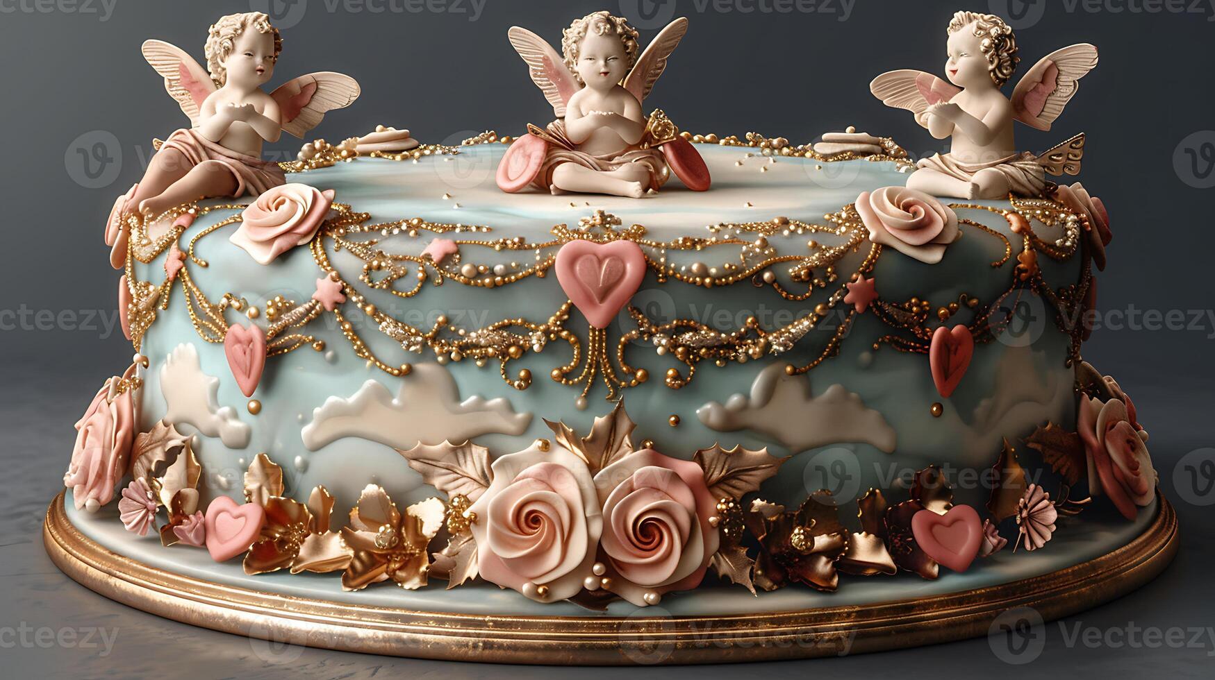 Whimsical Valentine's Day cake with cupid figurines and gold accents cut out on an isolated simple minimalist background photo