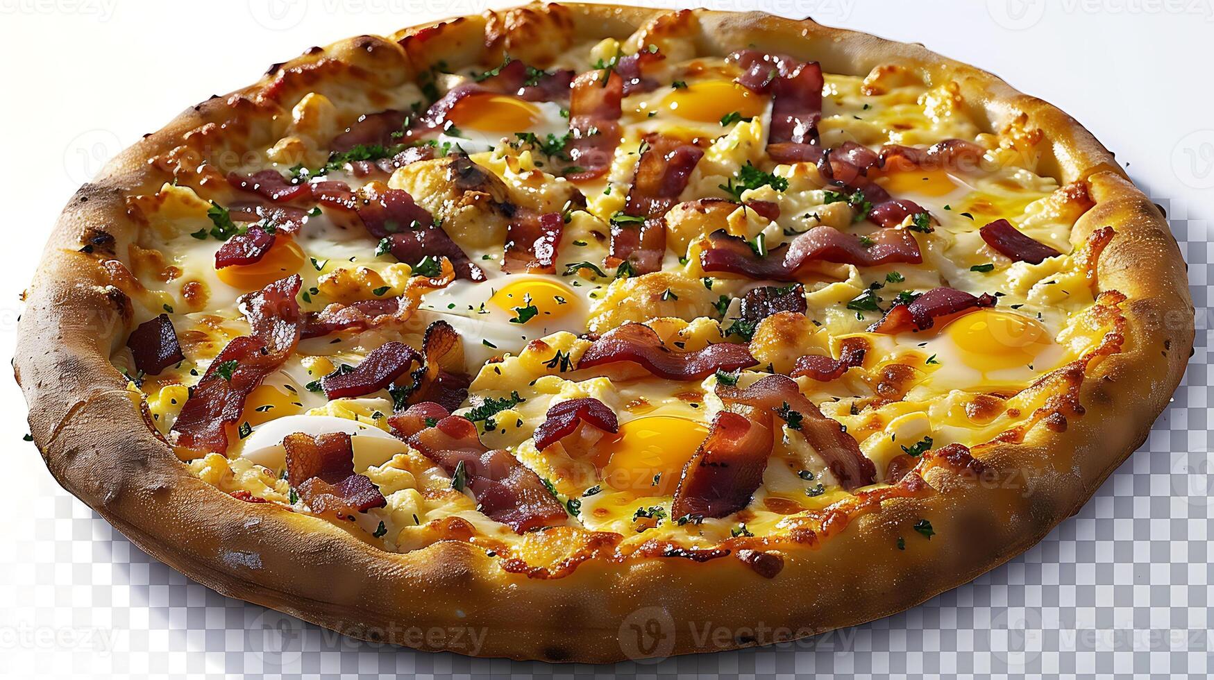 Bacon and egg breakfast pizza cut out on an isolated simple minimalist background photo