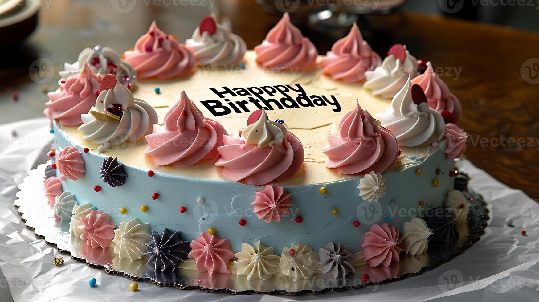 Joyful birthday cake with a Happy Birthday message cut out on an isolated simple minimalist background photo