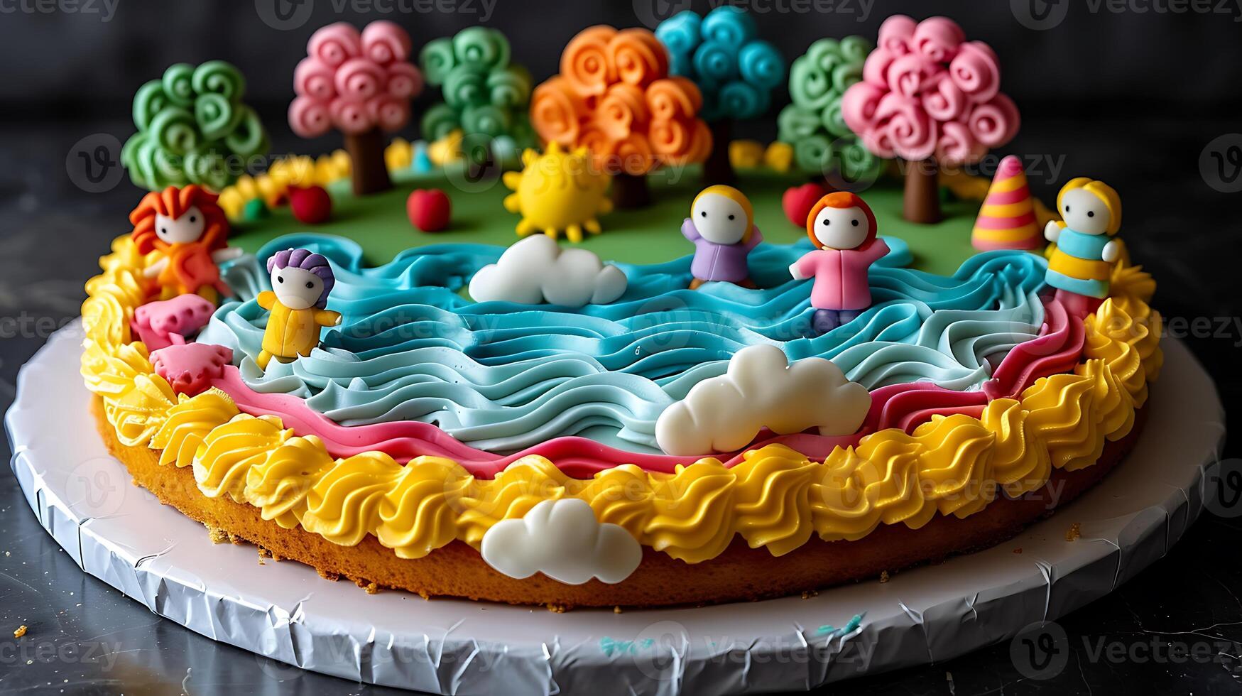 Fun birthday cake with fondant shapes and figures cut out on an isolated simple minimalist background photo