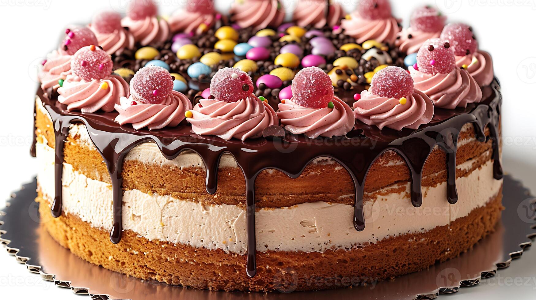 Delightful birthday cake with candy toppings and chocolate drizzle cut out on an isolated simple minimalist background photo
