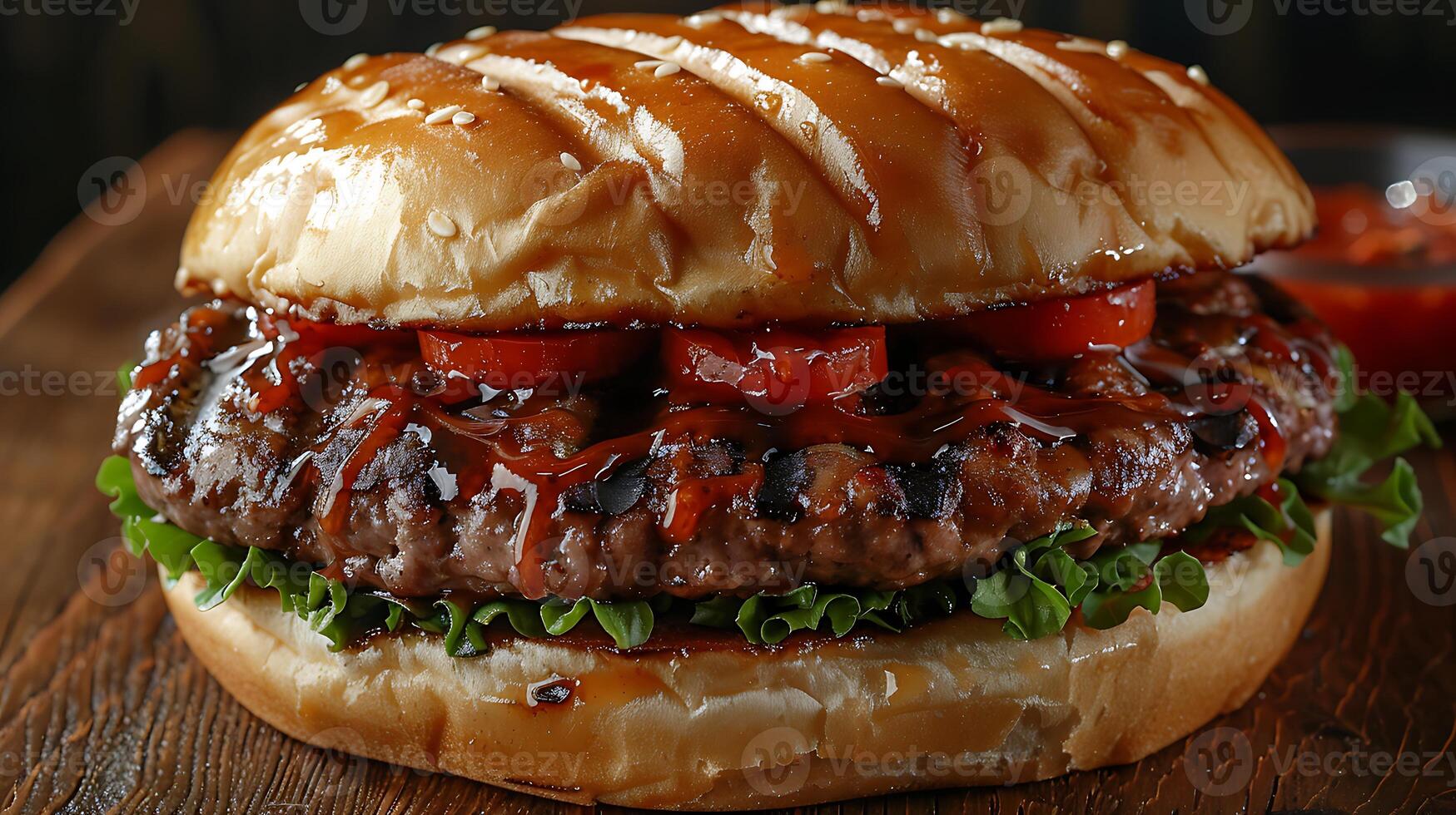 Tokyo Teriyaki Burger Glazed beef patty teriyaki sauce crisp lettuce and sesame bun bringing Japanese flavors to life photo