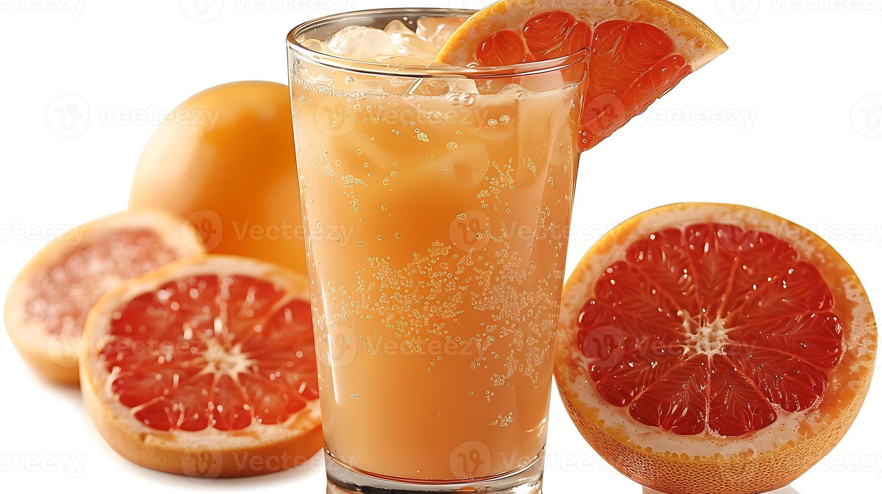 Tall Glass of Tangy Grapefruit Juice a Slice of Grapefruit A zesty grapefruit juice presented in a tall glass garnished with a slice for added flair photo