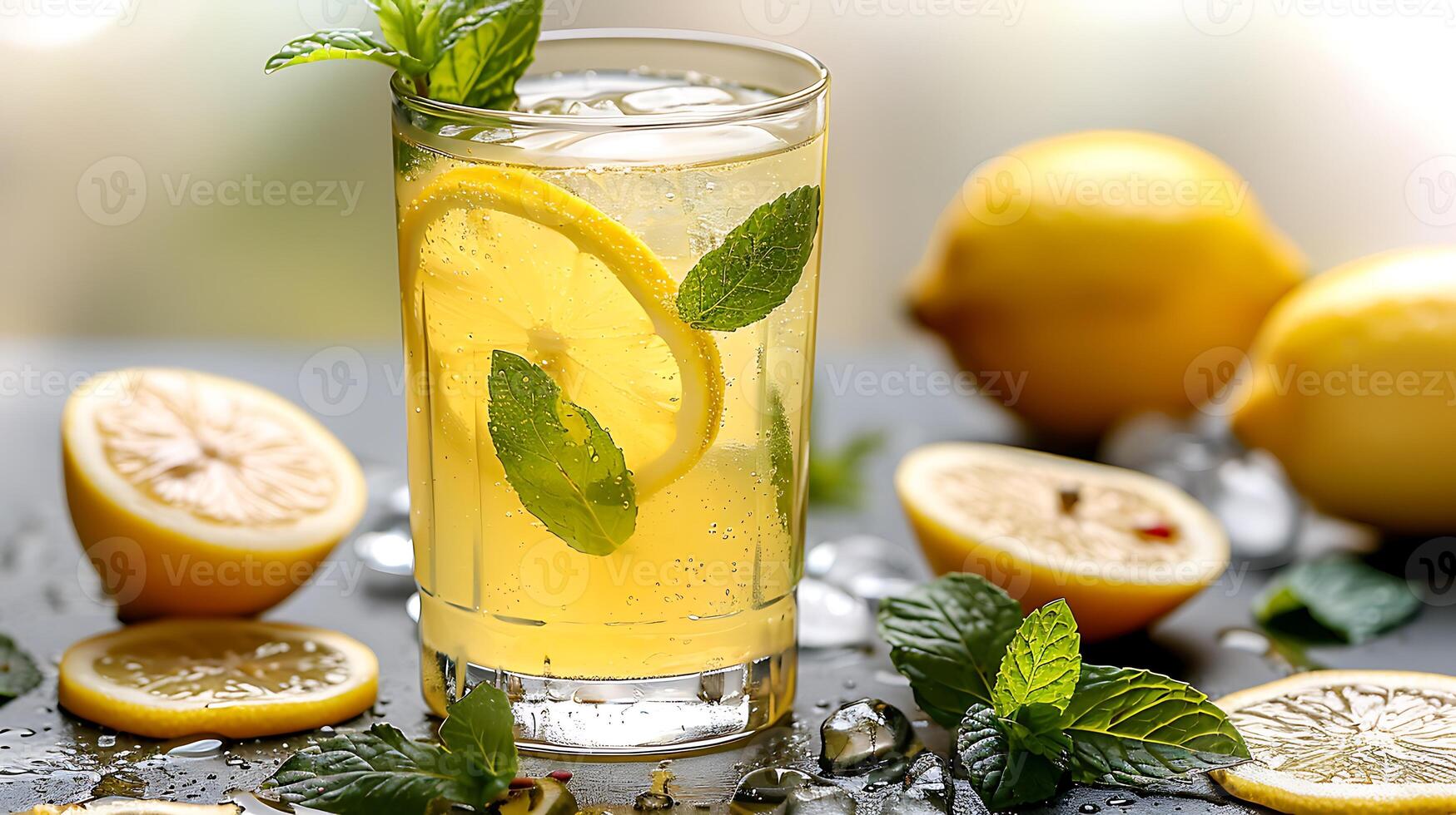 Tall Glass of Refreshing Mint Lemonade zesty mint lemonade served tall adorned with mint leaves and lemon slices for a refreshing twist photo
