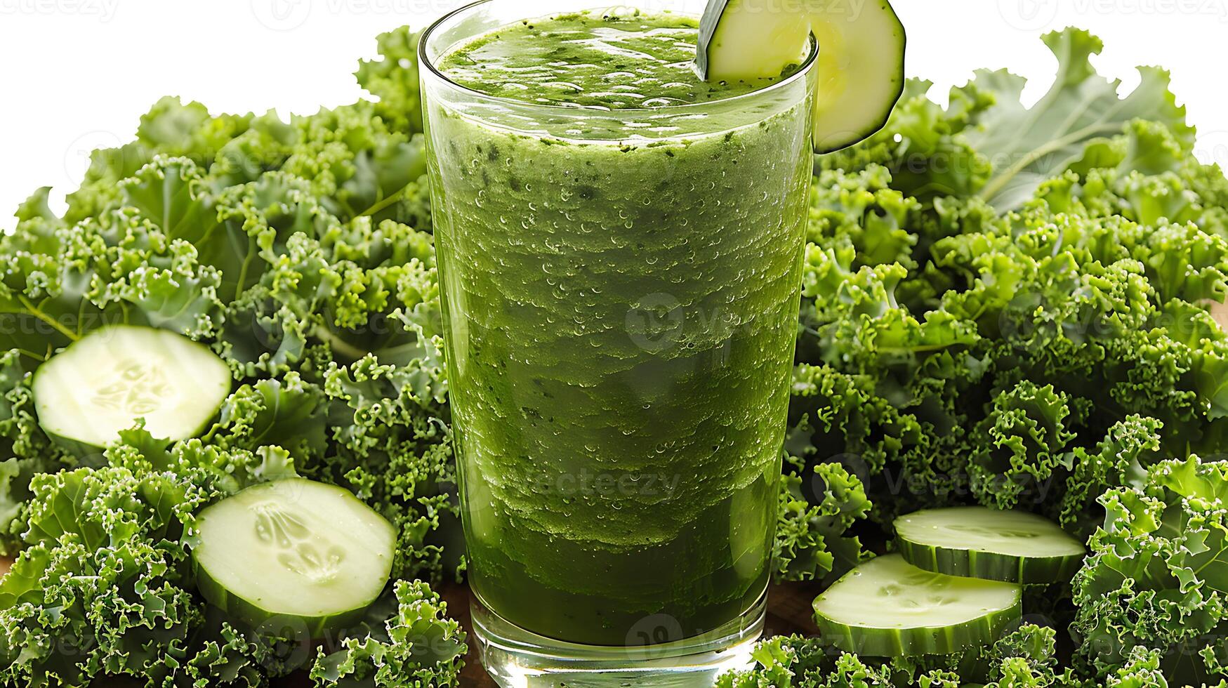 Tall Glass of Invigorating Green Juice Cucumber and Kale A healthful green juice blend served tall emphasizing freshness and vitality photo