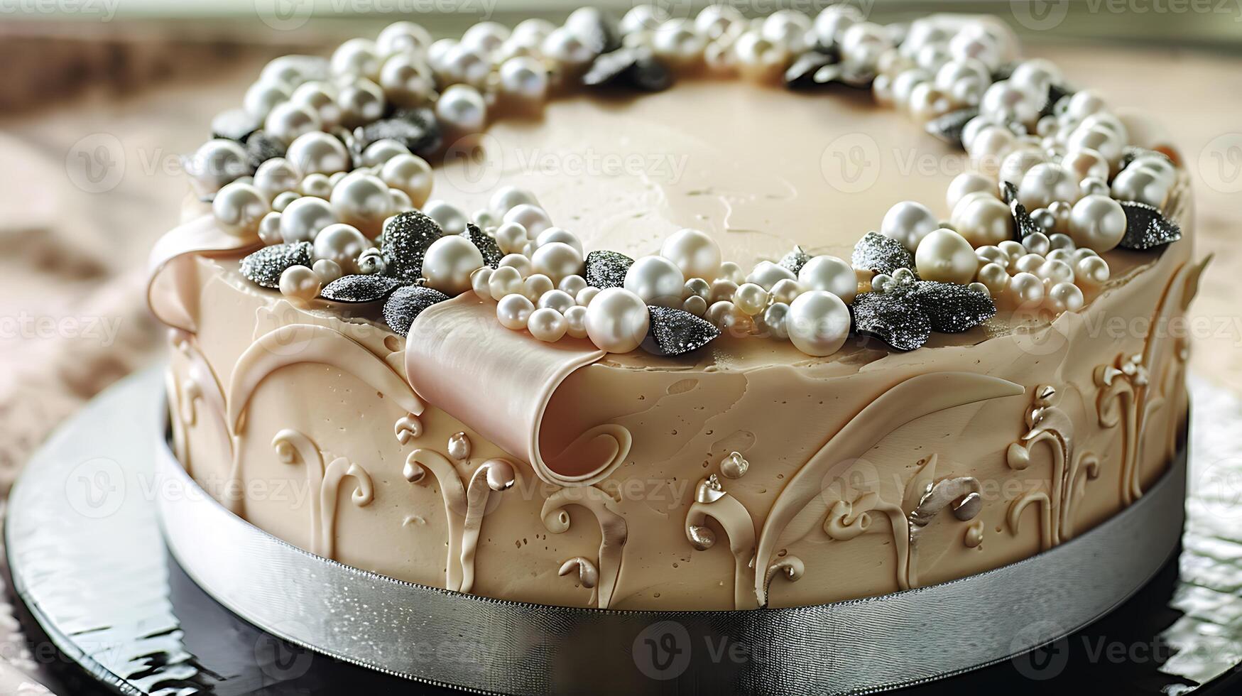 Sophisticated anniversary cake with edible pearls and silver fondant ribbon cut out on an isolated simple minimalist background photo