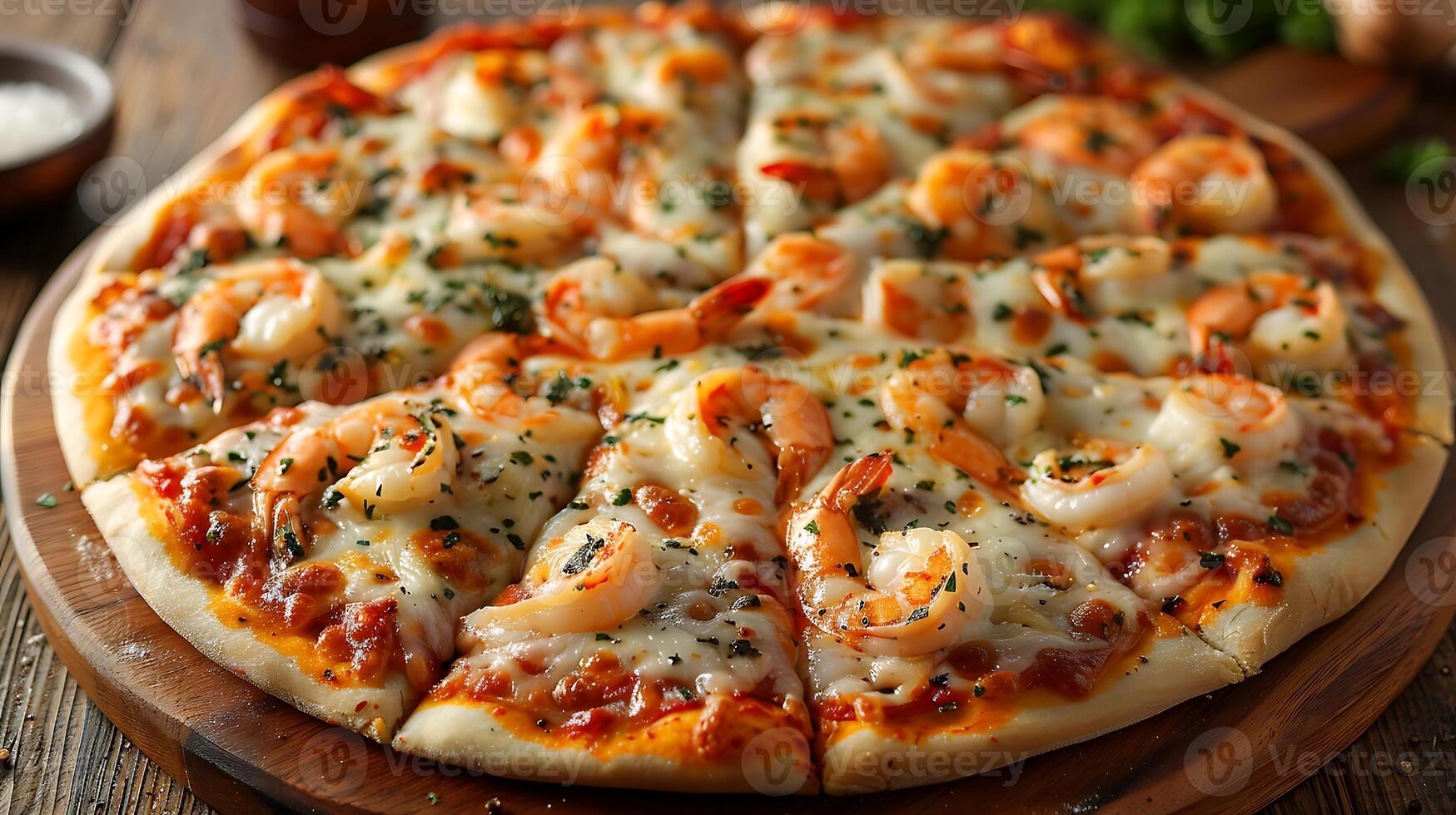 Shrimp Scampi Pizza Garlic shrimp white sauce parsley on a thin crispy crust photo