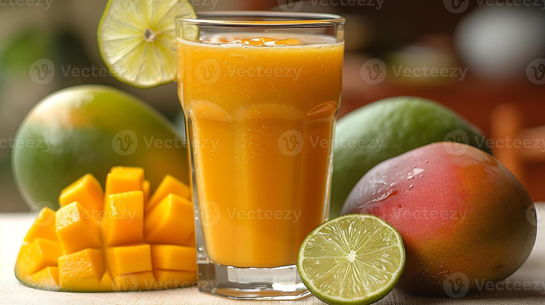 Refreshing MangoLime Juice Served a Tall Glass A zesty mangolime juice served tall garnished with slices of mango and lime for a vibrant look photo