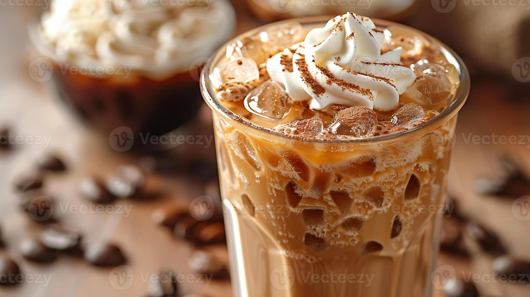 Refreshing Iced Coffee Whipped Cream A chilled glass of iced coffee topped with fluffy whipped cream for a refreshing summer beverage photo