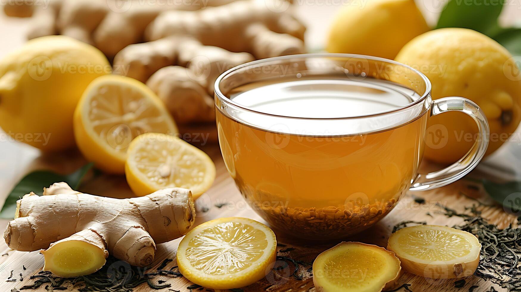 Refreshing Cup of Lemon Ginger Tea zesty cup of lemon ginger tea invigorating and fresh captured beautifully against a minimalist backdrop photo