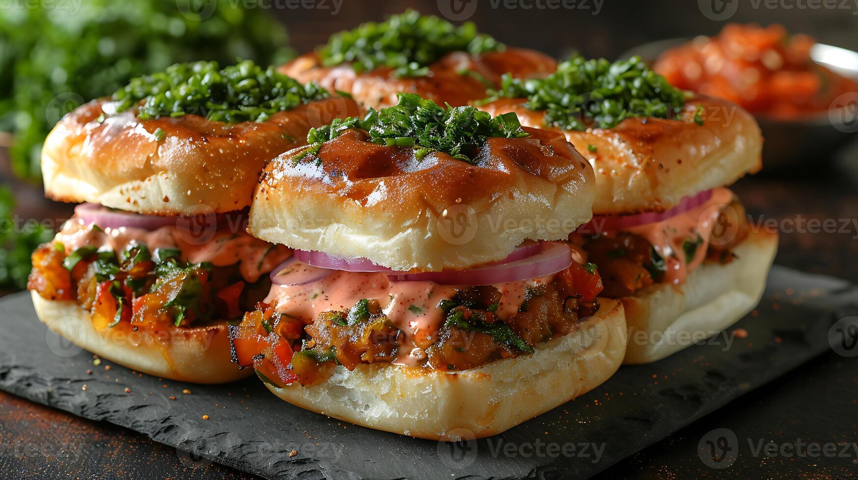 Mumbai Spicy Vada Pav Burger Spiced potato fritter tamarind chutney green chili for a fiery Indian street foodinspired burger photo
