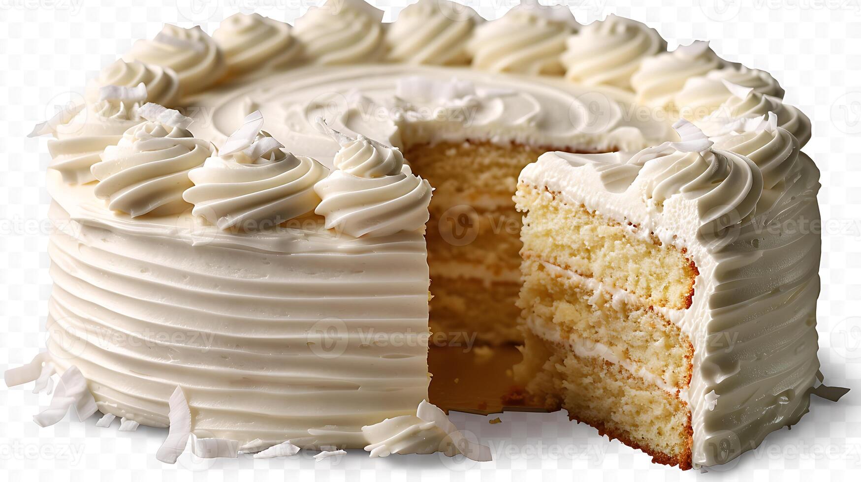 Light fluffy coconut chiffon cake with coconut frosting cut out on an isolated simple minimalist background photo