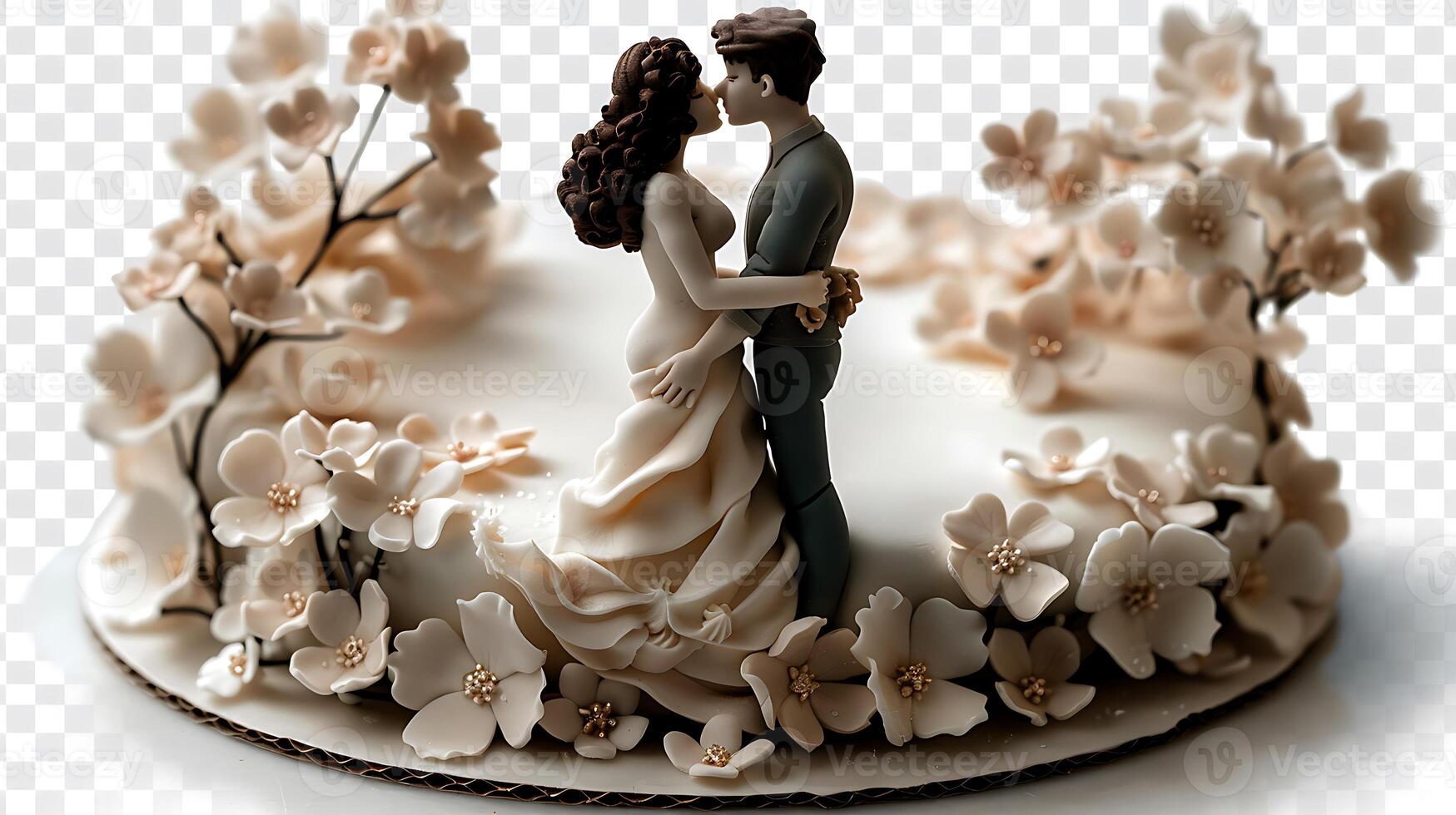 Heartfelt anniversary cake with a sugar sculpture of the couple and their favorite hobby cut out on an isolated simple minimalist background photo