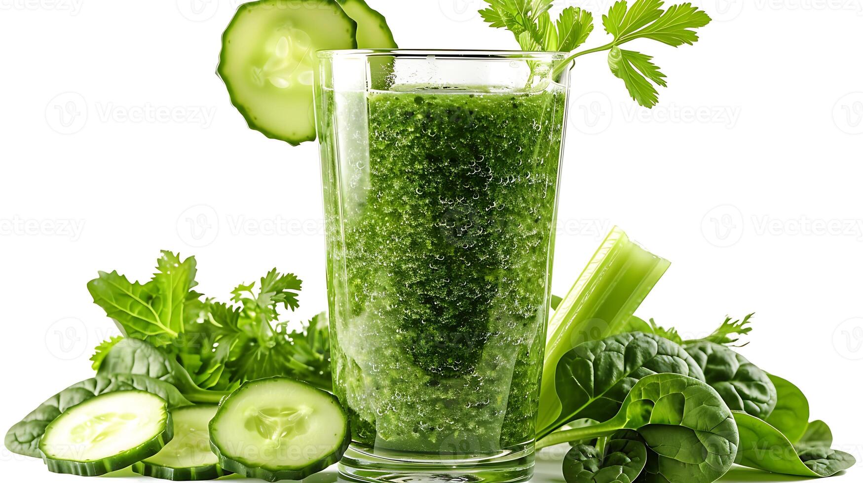 Glass of Invigorating Cucumber Spinach Celery Juice A refreshing green juice blend with cucumber spinach and celery garnished with fresh ingredients photo