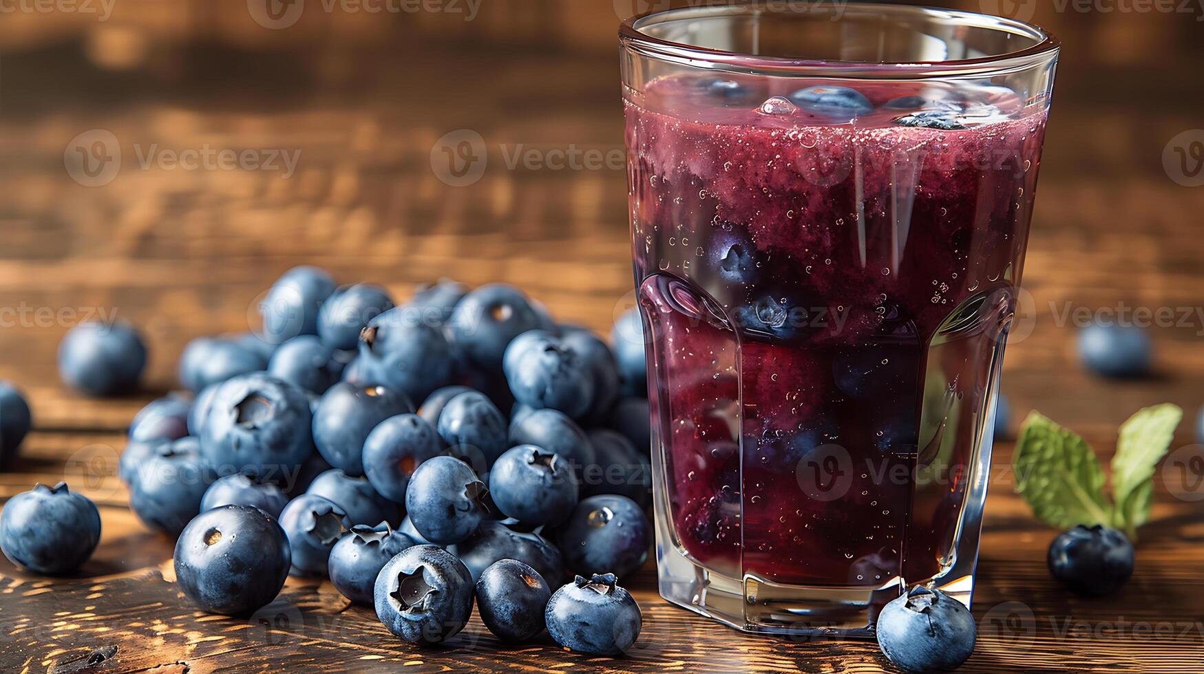 Glass of AntioxidantRich Blueberry Juice a Handful of Blueberries A nutritious blueberry juice featuring a handful of fresh blueberries for added flavor photo