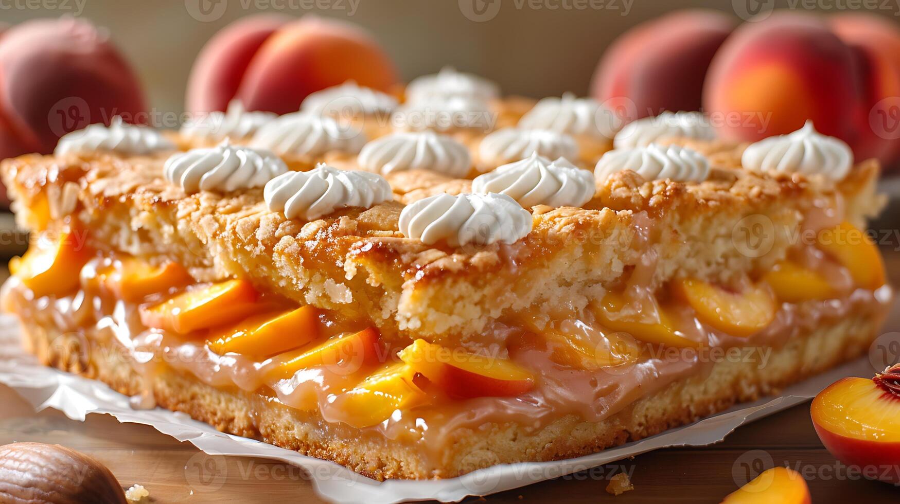 Fruity peach cobbler cake cut out an isolated simple minimalist background photo