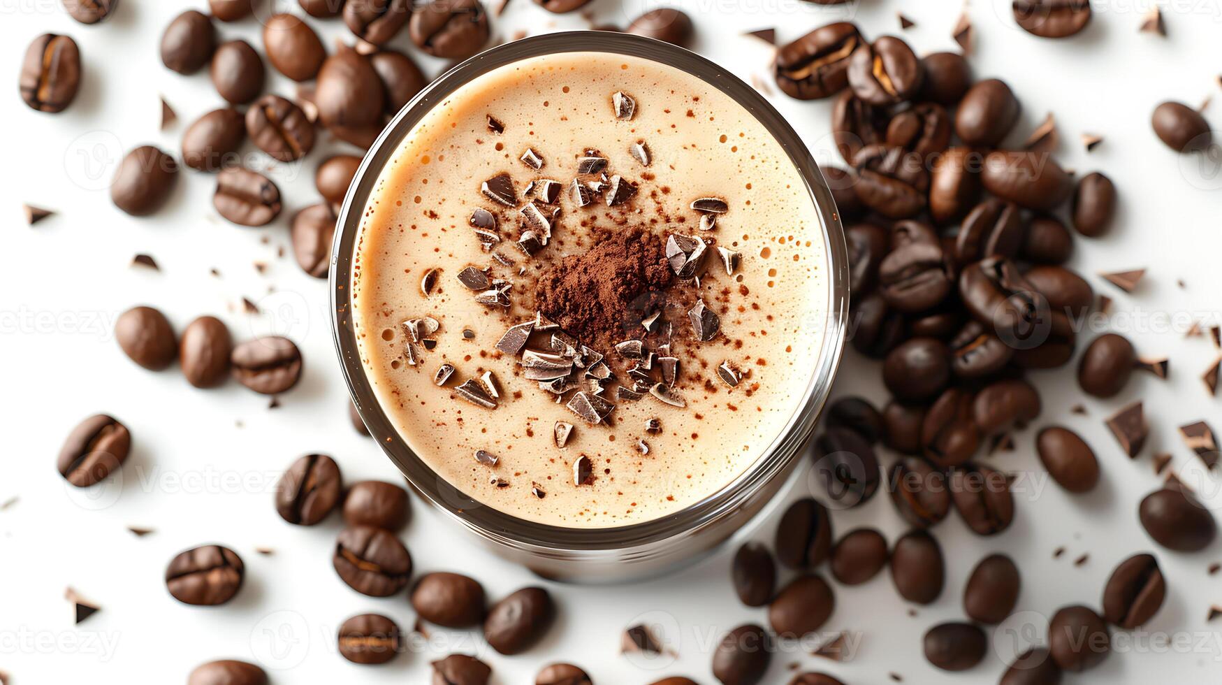 Frothy Oat Milk Latte Cocoa A creamy oat milk latte topped with a sprinkle of cocoa and surrounded by aromatic coffee beans for an inviting presentation photo