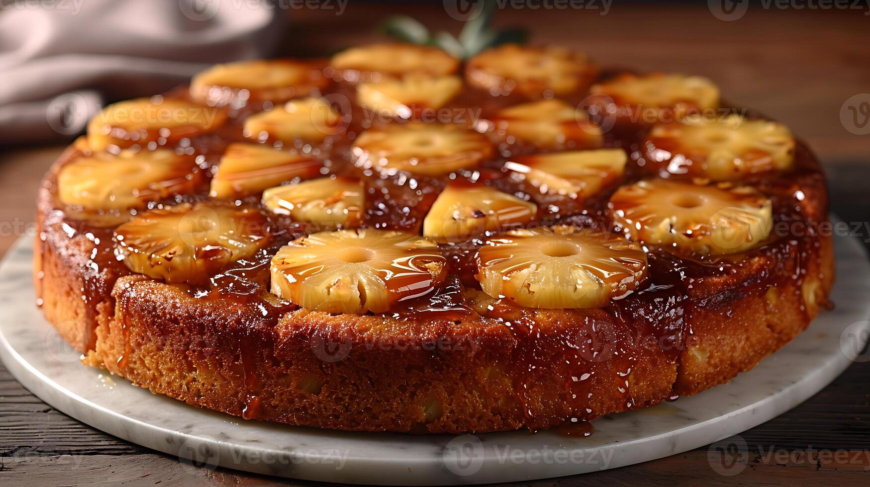 Classic pineapple upsidedown cake caramelized pineapple topping cut out on an isolated simple minimalist background photo