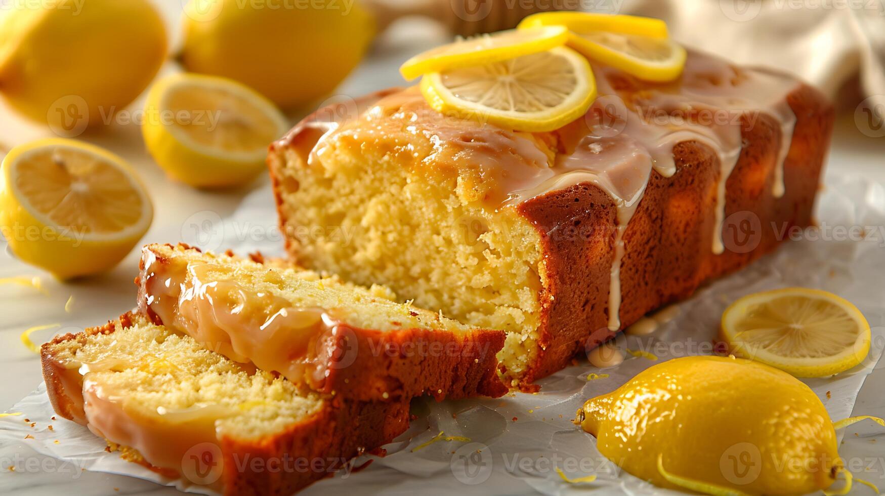 Classic lemon pound cake lemon glaze cut out on an isolated simple minimalist background photo