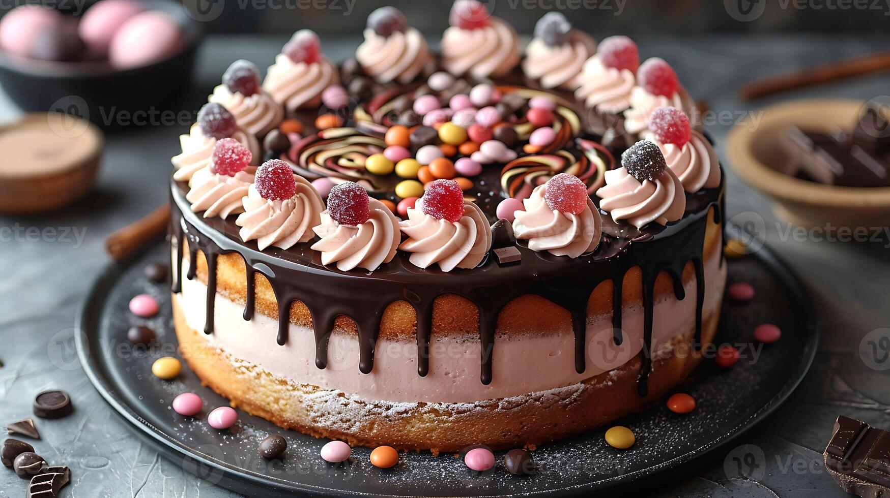 Delightful Birthday Cake Candy Toppings and Chocolate Drizzle A sweet cake topped with candy and a rich chocolate drizzle for a fun twist photo