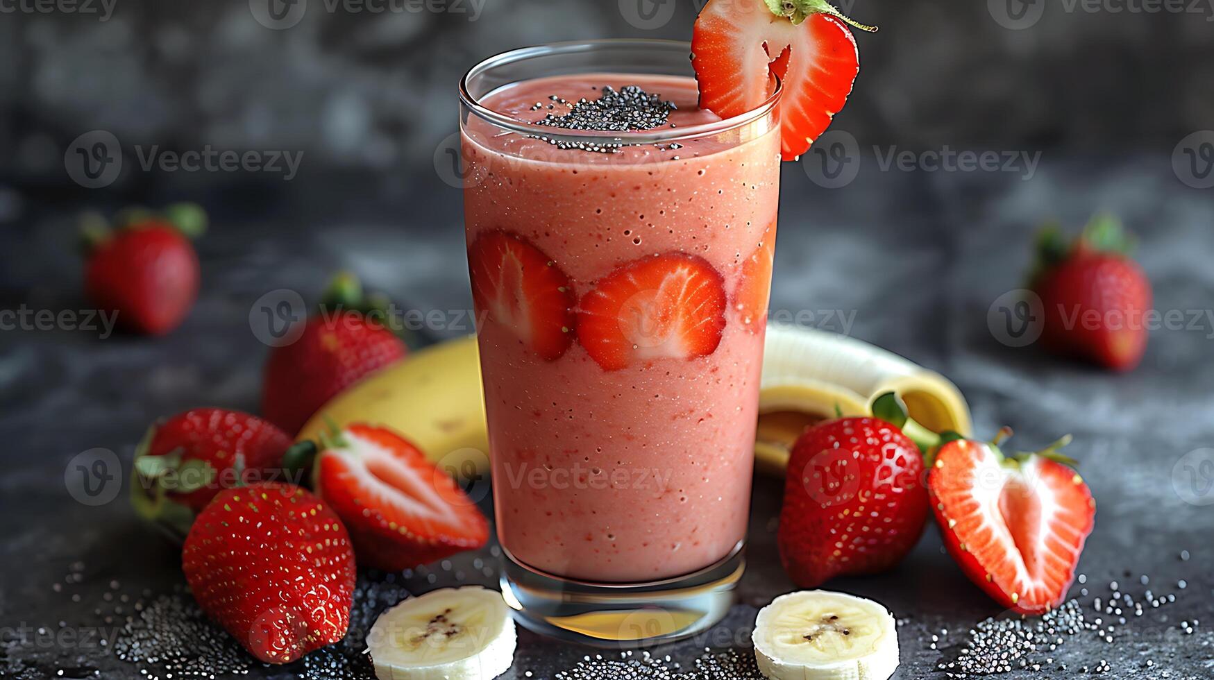 Refreshing StrawberryBanana Smoothie Served a Glass A creamy smoothie made with strawberries and bananas garnished with fruit slices for added appeal photo