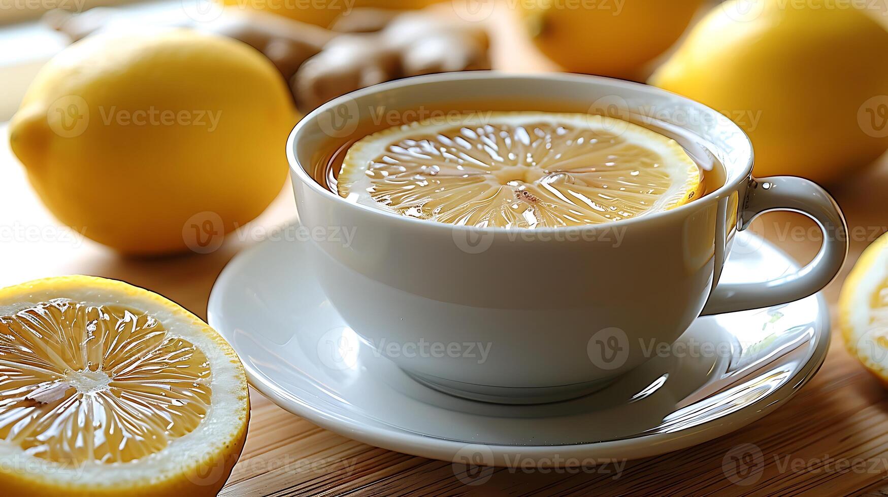 Refreshing Cup of Lemon Ginger Tea zesty cup of lemon ginger tea invigorating and fresh captured beautifully against a minimalist backdrop photo
