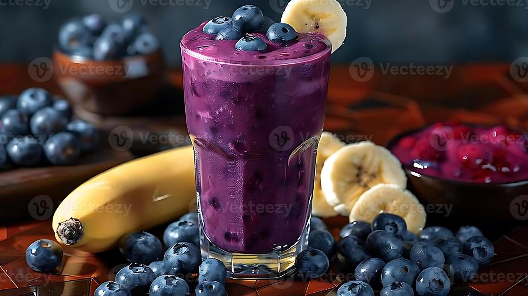 Refreshing BlueberryBanana Smoothie Served a Glass A creamy smoothie made with blueberries and bananas garnished with fruit slices for a delightful touch photo
