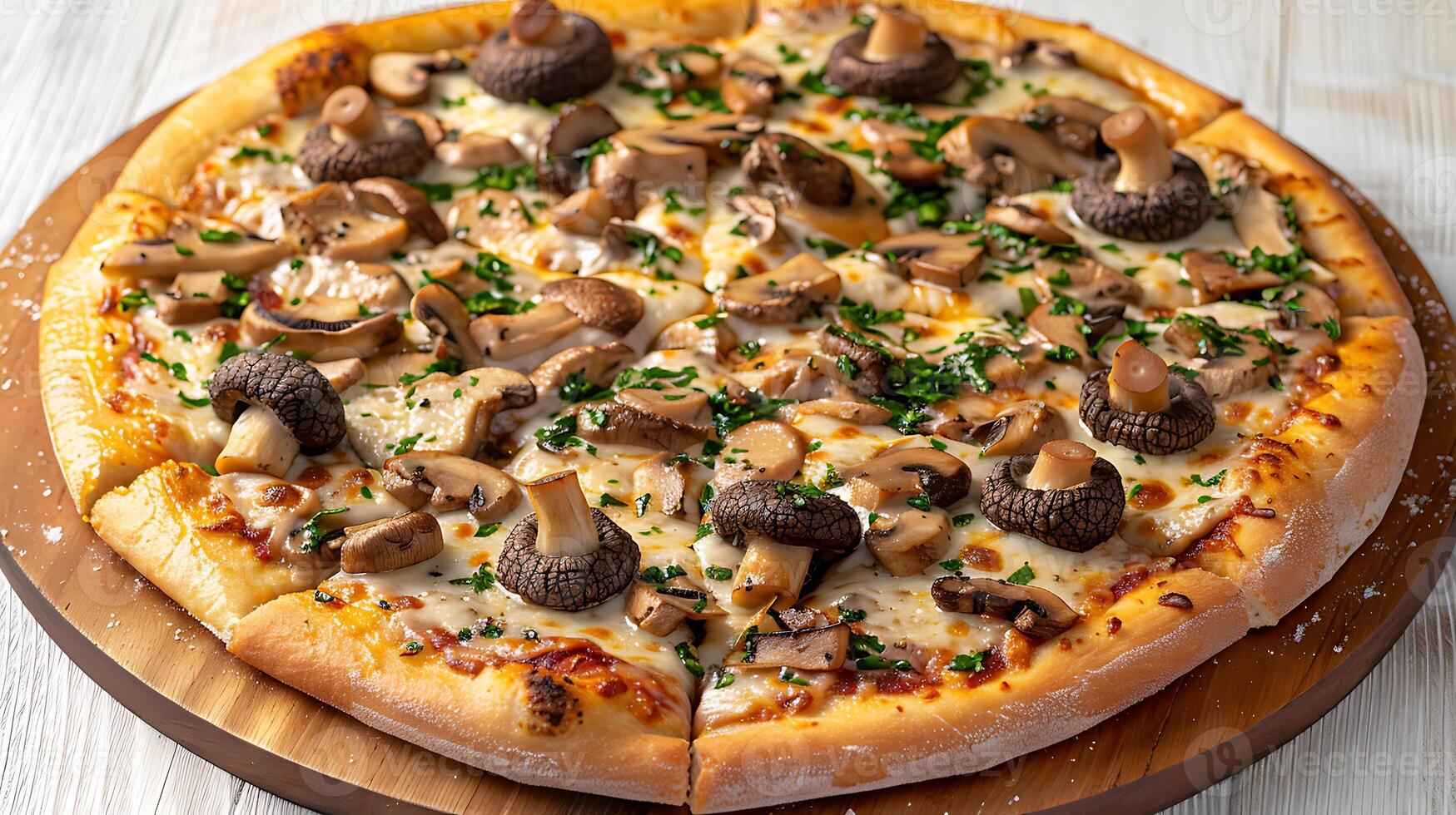 Mushroom Truffle Pizza Earthy mushrooms and aromatic truffle oil on a thin crust with mozzarella photo