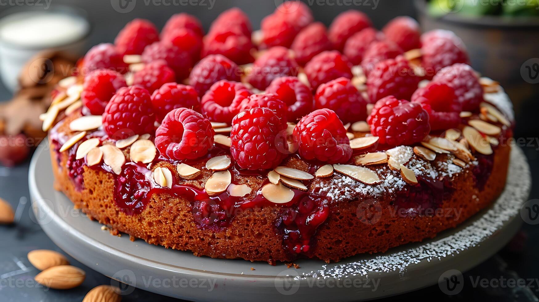 Moist fruity raspberry almond cake cut out on an isolated simple minimalist background photo