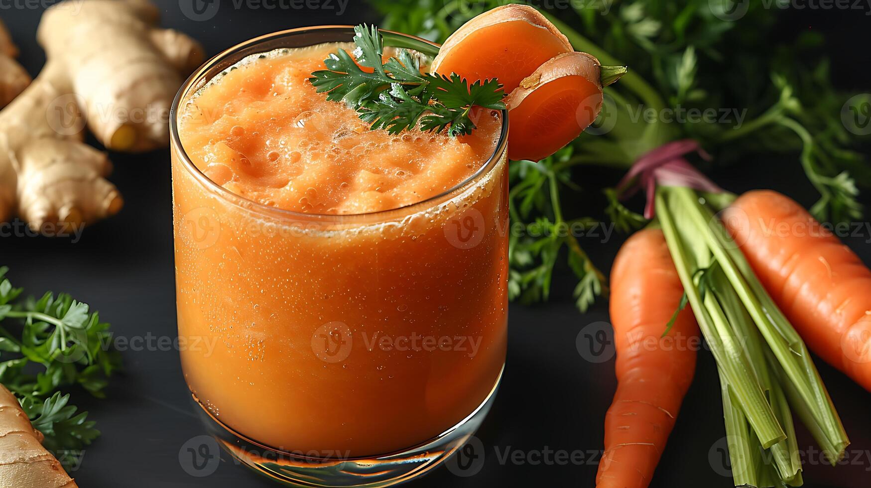 Glass of Invigorating Carrot Ginger Juice A vibrant carrot juice infused with ginger elegantly garnished with carrot and ginger for a zesty touch photo